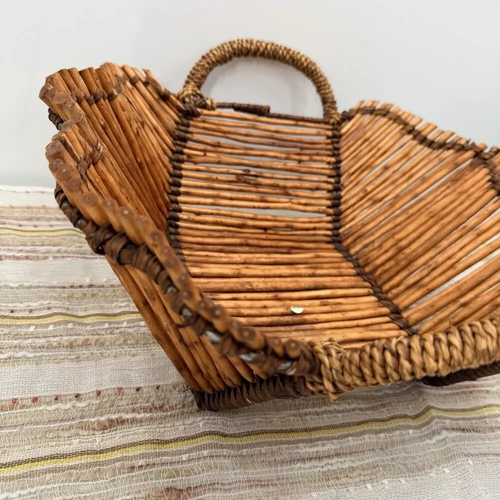 Vintage Bamboo Wood Woven Bread Fruit Basket Table Centerpiece Handles 14.5